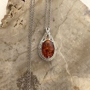 Sterling Silver 925 STS Baltic Amber & Citrine Teardrop Pendant Necklace 19"